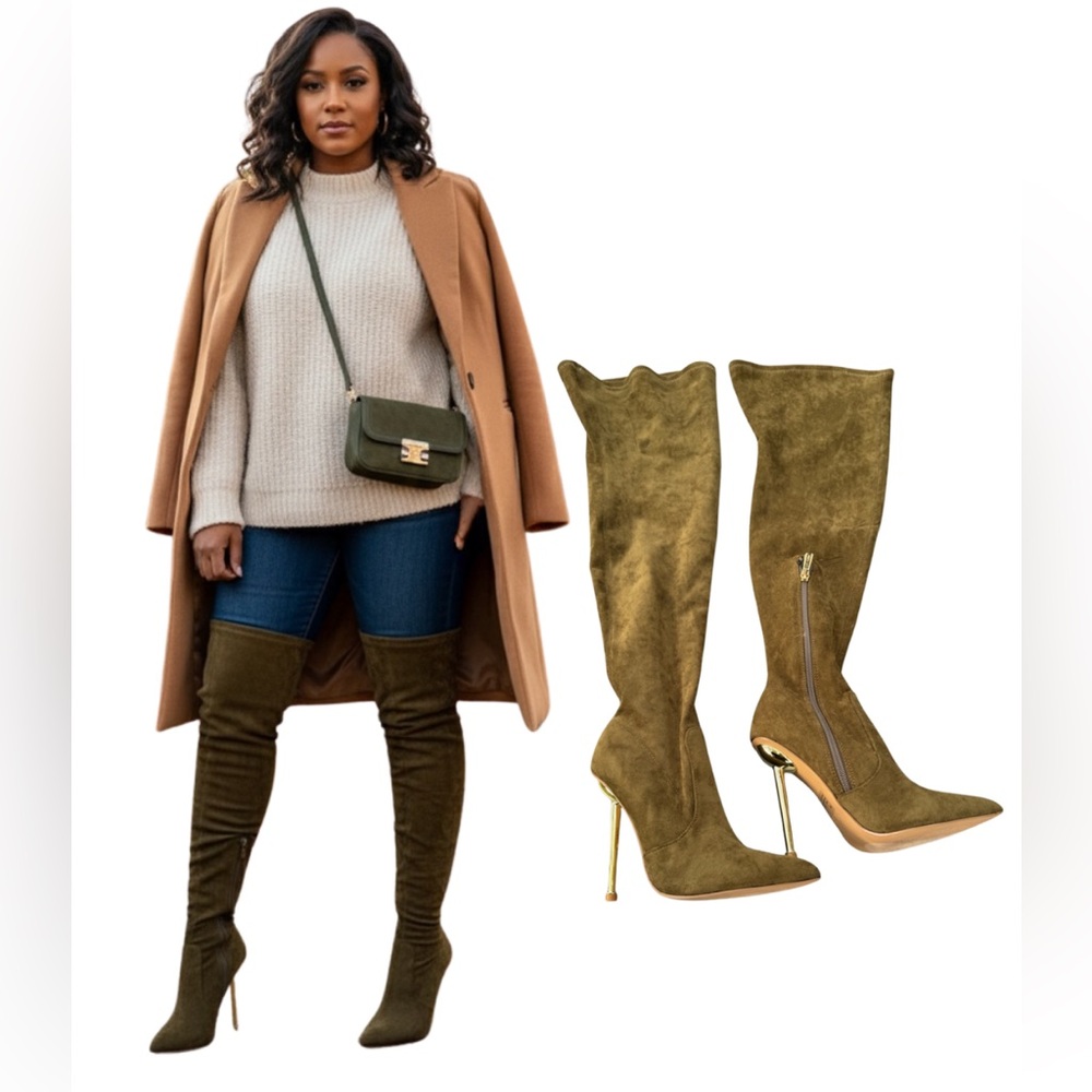 Cape Robbin Sheek thigh high green boots with golden heel S/6 - Picture 2 of 16